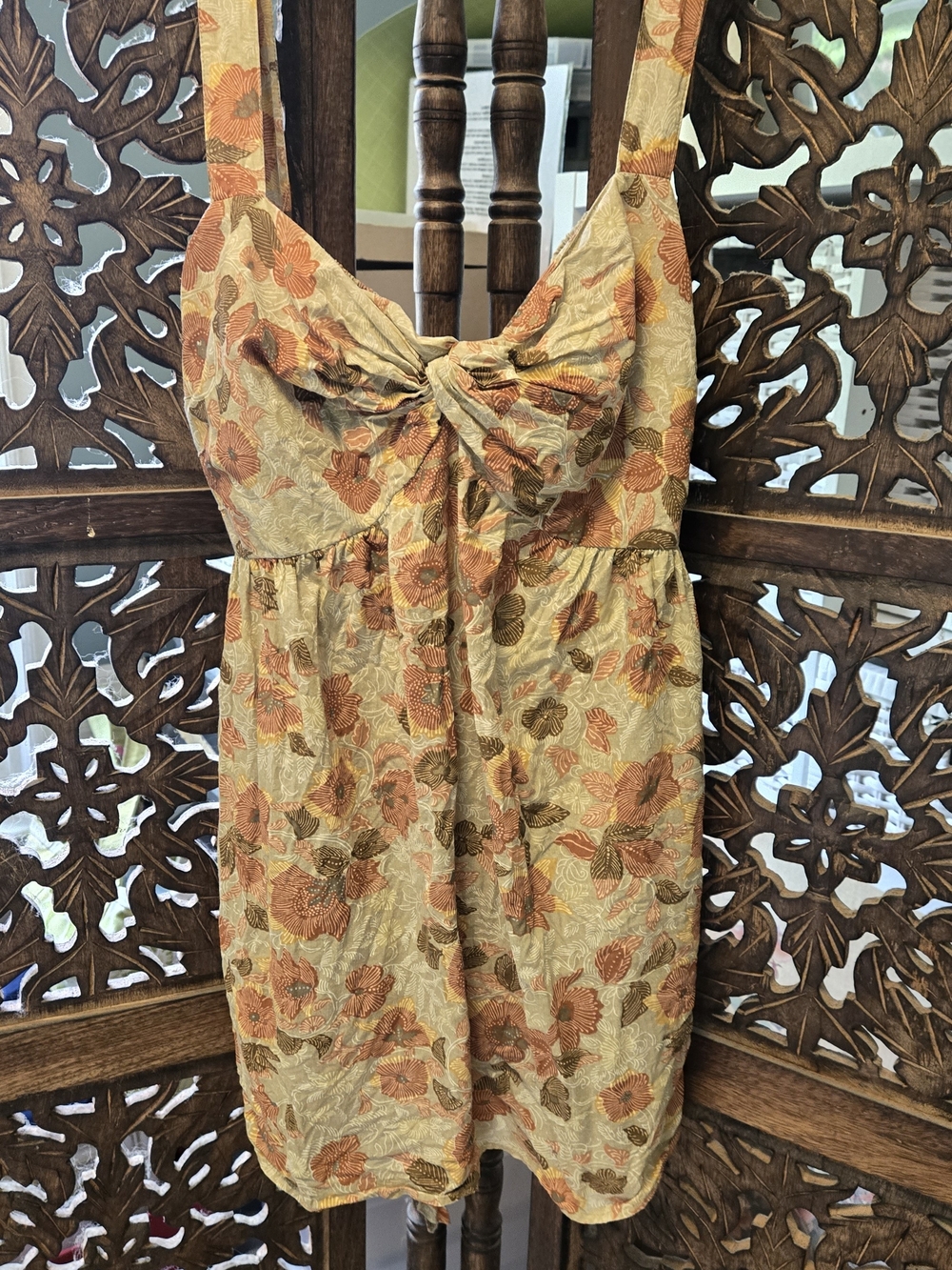 Motherhood Oh Baby!       Floral Knot-Front Top in Gold, Orange, Brown Top.